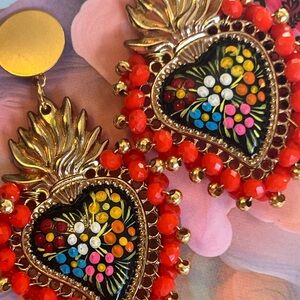 Gold and orange-red beaded hand painted vibrant Colorful Heart Drop Earrings